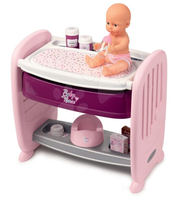 Postieľka k posteli s pultom na prebaľovanie Violette Baby Nurse 2v1 Smoby 3 pozície s 8 doplnkami od 24 mesPostieľka k posteli s pultom na prebaľovanie Violette Baby Nurse 2v1 Smoby 3 pozície s 8 doplnkami od 24 mes