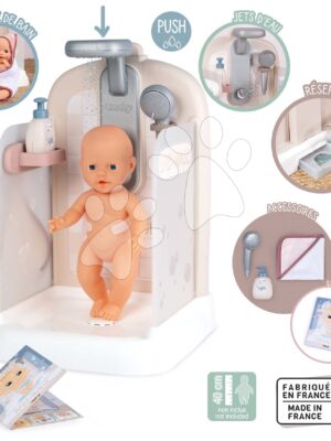 Kúpeľňa pre bábiky s funkčnou sprchou Shower Baby Nurse Smoby s odnímateľnou sprchovou hlavicou županom a náučnou brožúrkouKúpeľňa pre bábiky s funkčnou sprchou Shower Baby Nurse Smoby s odnímateľnou sprchovou hlavicou županom a náučnou brožúrkou