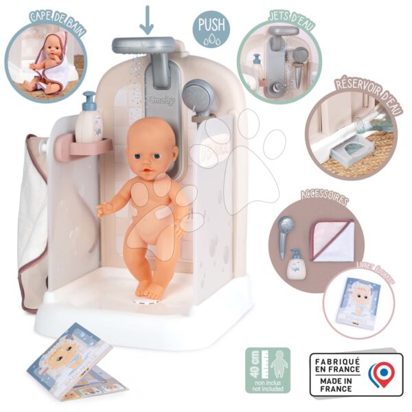 Kúpeľňa pre bábiky s funkčnou sprchou Shower Baby Nurse Smoby s odnímateľnou sprchovou hlavicou županom a náučnou brožúrkouKúpeľňa pre bábiky s funkčnou sprchou Shower Baby Nurse Smoby s odnímateľnou sprchovou hlavicou županom a náučnou brožúrkou