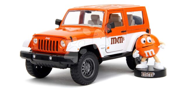 Autíčko Jeep Wrangler 2007 M&M Jada kovové s otvárateľnými dverami a figúrka Orange dĺžka 18 cm 1:24Autíčko Jeep Wrangler 2007 M&M Jada kovové s otvárateľnými dverami a figúrka Orange dĺžka 18 cm 1:24