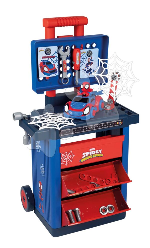 Pracovný stolík na kolieskach Spidey DIY Trolley Marvel Smoby s autíčkom figúrkou a 45 pracovných doplnkovPracovný stolík na kolieskach Spidey DIY Trolley Marvel Smoby s autíčkom figúrkou a 45 pracovných doplnkov