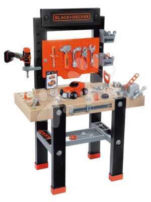 Pracovná dielňa s mechanickou vŕtačkou Black&Decker Bricolo Center Workbench Smoby so zatĺkačkou a skladacím autíčkom 92 doplnkov 103 cm výškaPracovná dielňa s mechanickou vŕtačkou Black&Decker Bricolo Center Workbench Smoby so zatĺkačkou a skladacím autíčkom 92 doplnkov 103 cm výška