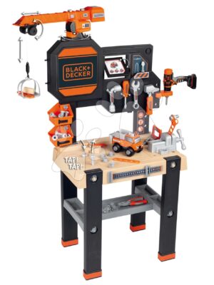 Pracovný stôl s funkčným žeriavom Black&Decker Bricolo Builder Smoby so stavebnicou auto a vŕtačkou a 94 doplnkov 117 cm výškaPracovný stôl s funkčným žeriavom Black&Decker Bricolo Builder Smoby so stavebnicou auto a vŕtačkou a 94 doplnkov 117 cm výška