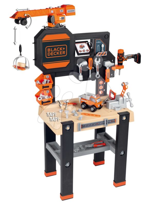 Pracovný stôl s funkčným žeriavom Black&Decker Bricolo Builder Smoby so stavebnicou auto a vŕtačkou a 94 doplnkov 117 cm výškaPracovný stôl s funkčným žeriavom Black&Decker Bricolo Builder Smoby so stavebnicou auto a vŕtačkou a 94 doplnkov 117 cm výška