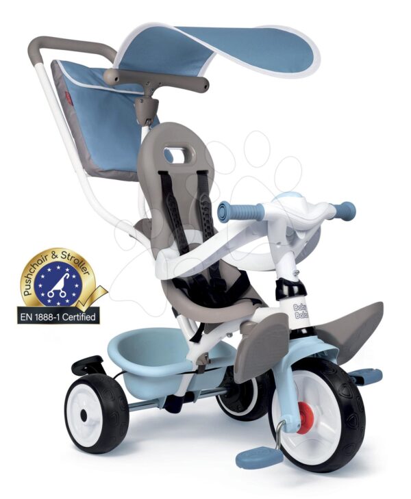 Trojkolka a kočík v jednom s vysokou opierkou Baby Balade Plus Tricycle Blue Smoby s brzdou a EVA kolesami modrá od 10 mesTrojkolka a kočík v jednom s vysokou opierkou Baby Balade Plus Tricycle Blue Smoby s brzdou a EVA kolesami modrá od 10 mes