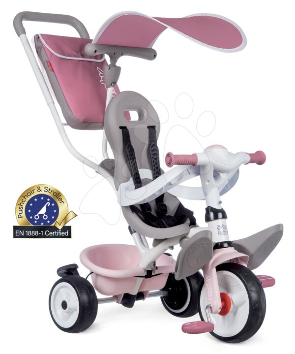 Trojkolka a kočík v jednom s vysokou opierkou Baby Balade Plus Tricycle Pink Smoby s brzdou a EVA kolesami ružová od 10 mesTrojkolka a kočík v jednom s vysokou opierkou Baby Balade Plus Tricycle Pink Smoby s brzdou a EVA kolesami ružová od 10 mes