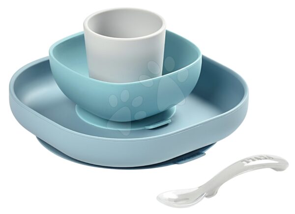 Jedálenská súprava Silicone Meal Set Beaba zo silikónu 4-dielna modrá pre bábätká od 4 mesJedálenská súprava Silicone Meal Set Beaba zo silikónu 4-dielna modrá pre bábätká od 4 mes