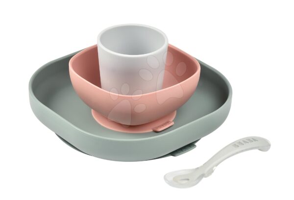 Jedálenská súprava Beaba Silicone meal set zo silikónu 4 dielna ružovo-béžovo-šedá pre bábätkáJedálenská súprava Beaba Silicone meal set zo silikónu 4 dielna ružovo-béžovo-šedá pre bábätká