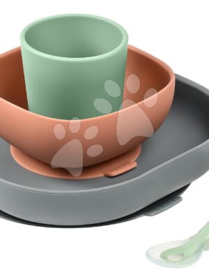 Jedálenská súprava Silicone Meal Set Beaba Mineral zo silikónu 4 dielna sivo-oranžovo-zelená od 4 mesJedálenská súprava Silicone Meal Set Beaba Mineral zo silikónu 4 dielna sivo-oranžovo-zelená od 4 mes