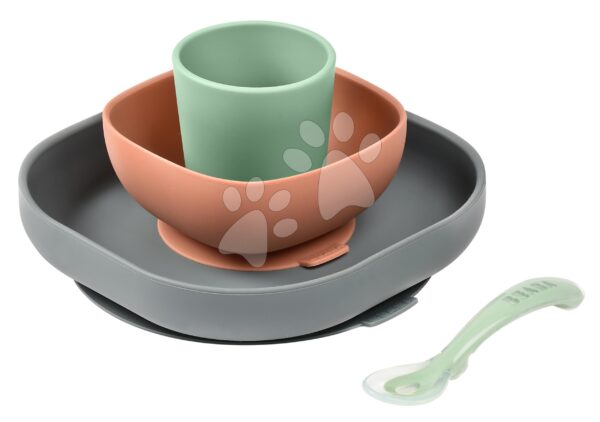 Jedálenská súprava Silicone Meal Set Beaba Mineral zo silikónu 4 dielna sivo-oranžovo-zelená od 4 mesJedálenská súprava Silicone Meal Set Beaba Mineral zo silikónu 4 dielna sivo-oranžovo-zelená od 4 mes