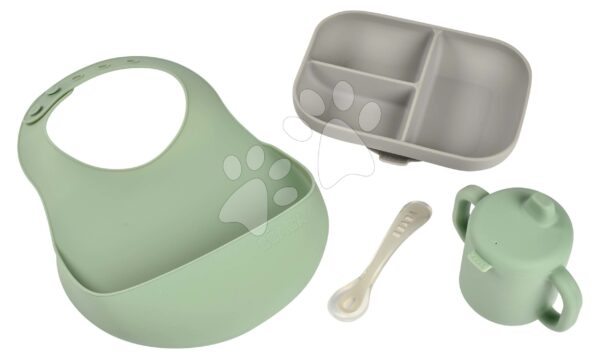 Jedálenská súprava Silicone Meal Essentials Set Beaba s hrnčekom a tanierom s lyžičkou a podbradník zeleno-sivá od 8 mesJedálenská súprava Silicone Meal Essentials Set Beaba s hrnčekom a tanierom s lyžičkou a podbradník zeleno-sivá od 8 mes