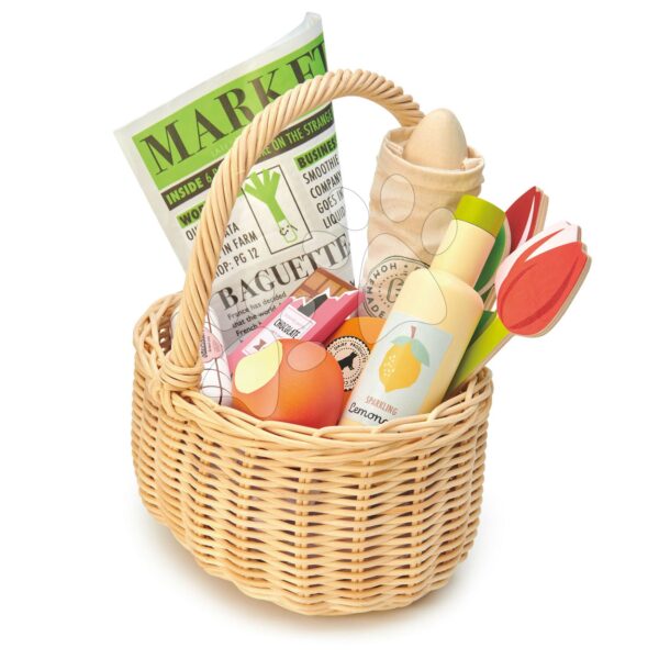 Drevený košík s tulipánmi Wicker Shopping Basket Tender Leaf Toys s čokoládou limonádou syrom a inými potravinamiDrevený košík s tulipánmi Wicker Shopping Basket Tender Leaf Toys s čokoládou limonádou syrom a inými potravinami