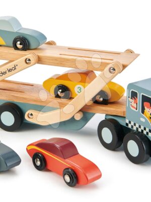 Drevený kamión Car Transporter Tender Leaf Toys s pohyblivou plošinou a 4 autíčkamiDrevený kamión Car Transporter Tender Leaf Toys s pohyblivou plošinou a 4 autíčkami