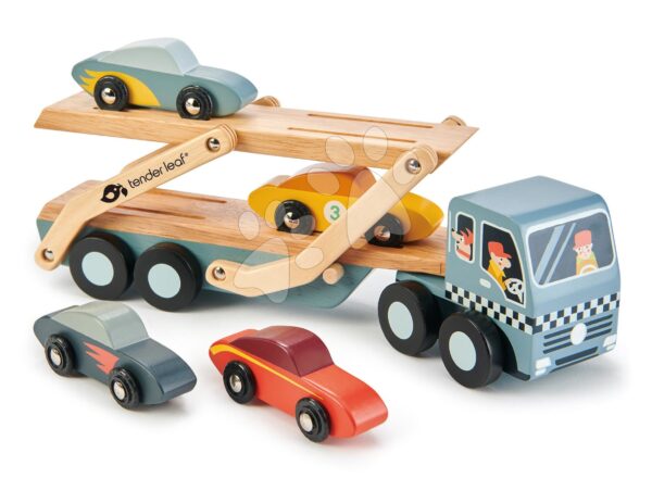 Drevený kamión Car Transporter Tender Leaf Toys s pohyblivou plošinou a 4 autíčkamiDrevený kamión Car Transporter Tender Leaf Toys s pohyblivou plošinou a 4 autíčkami