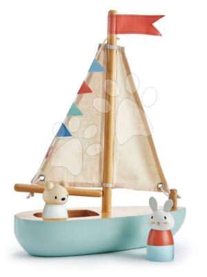 Drevená plachetnica Sailaway Boat Tender Leaf Toys s dvoma plachtami a zajačik s medvedíkomDrevená plachetnica Sailaway Boat Tender Leaf Toys s dvoma plachtami a zajačik s medvedíkom