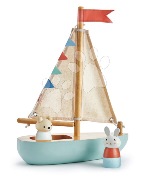 Drevená plachetnica Sailaway Boat Tender Leaf Toys s dvoma plachtami a zajačik s medvedíkomDrevená plachetnica Sailaway Boat Tender Leaf Toys s dvoma plachtami a zajačik s medvedíkom