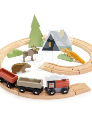 Drevená vláčikodráha v horách Treetops Train Set Tender Leaf Toys s vlakom zvieratkami a chatouDrevená vláčikodráha v horách Treetops Train Set Tender Leaf Toys s vlakom zvieratkami a chatou