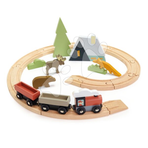 Drevená vláčikodráha v horách Treetops Train Set Tender Leaf Toys s vlakom zvieratkami a chatouDrevená vláčikodráha v horách Treetops Train Set Tender Leaf Toys s vlakom zvieratkami a chatou